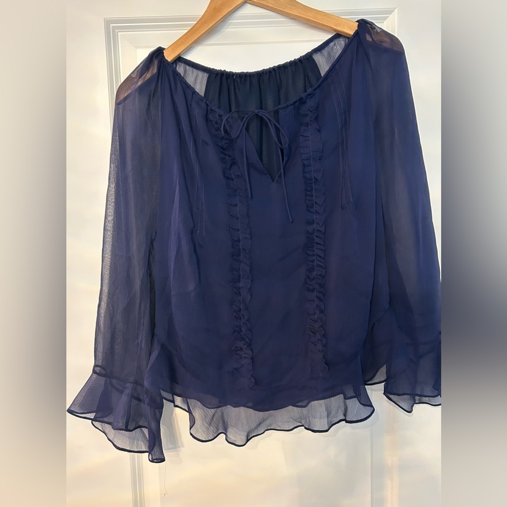 Diane Von Furstenberg Blue Ruffled Tie Front Blouse